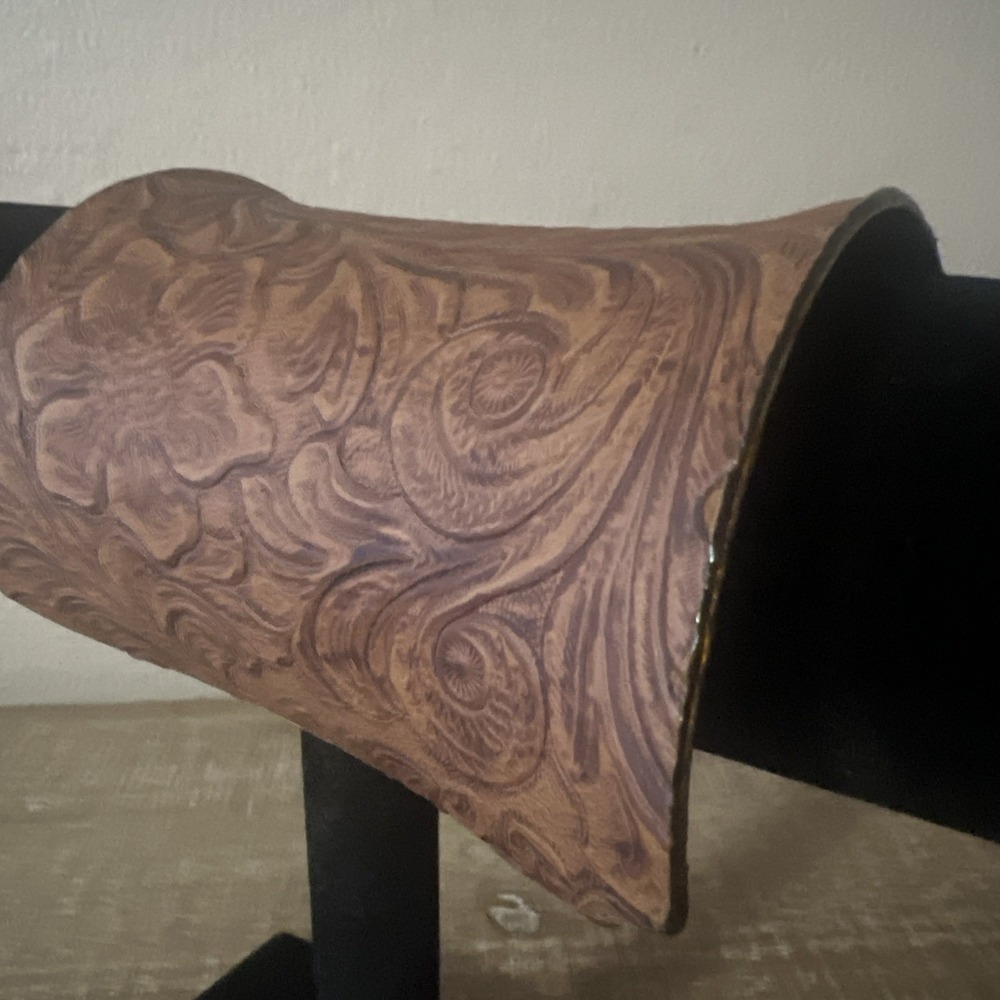 Vintage Brass & Hand Tooled Floral Embossed Leather Wide Cuff Bracelet Cowgirl